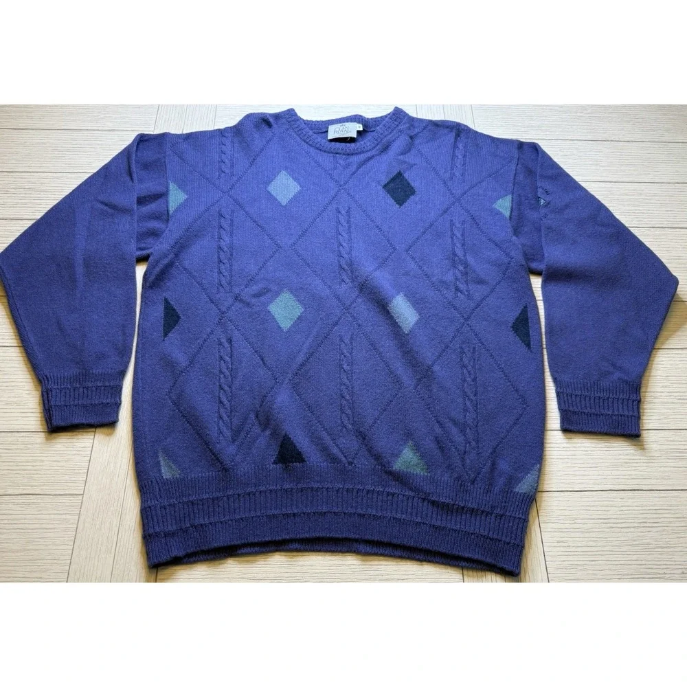 Clan Royal Vtg Knitted In Scotland Mens 100% Lambswool Sz M Purple Diamond Print